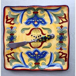 Plate/Serving Platter-Maxcera-Square-Matching Beaded Knife-Yellow-Mediterranean